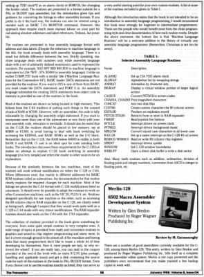 [Reviews 
Machine Language Routines for the Commodore 64/128 (2/2) 
Merlin-128: 6502 Macro Assembler Development System (1/2)]